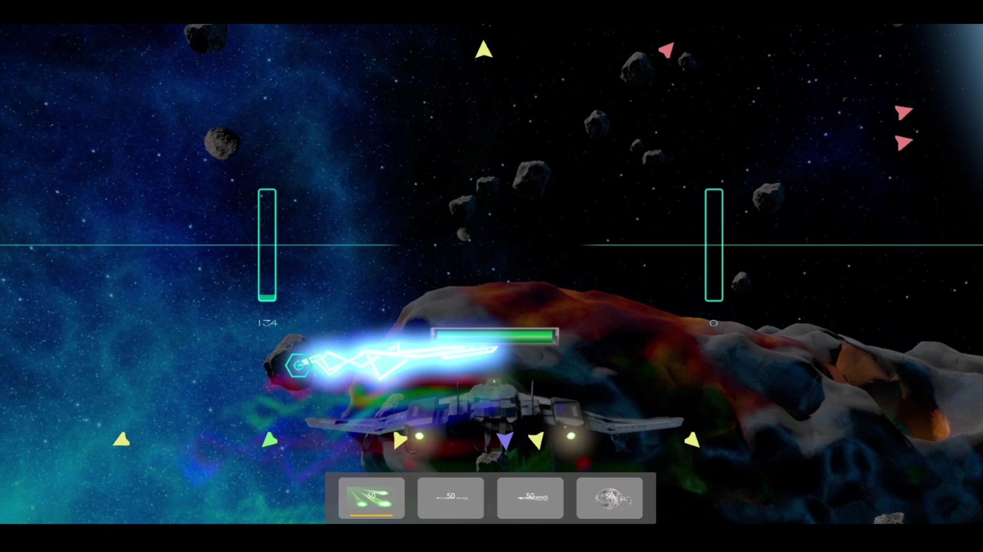 Energy fire crosses an asteroid battlefield.