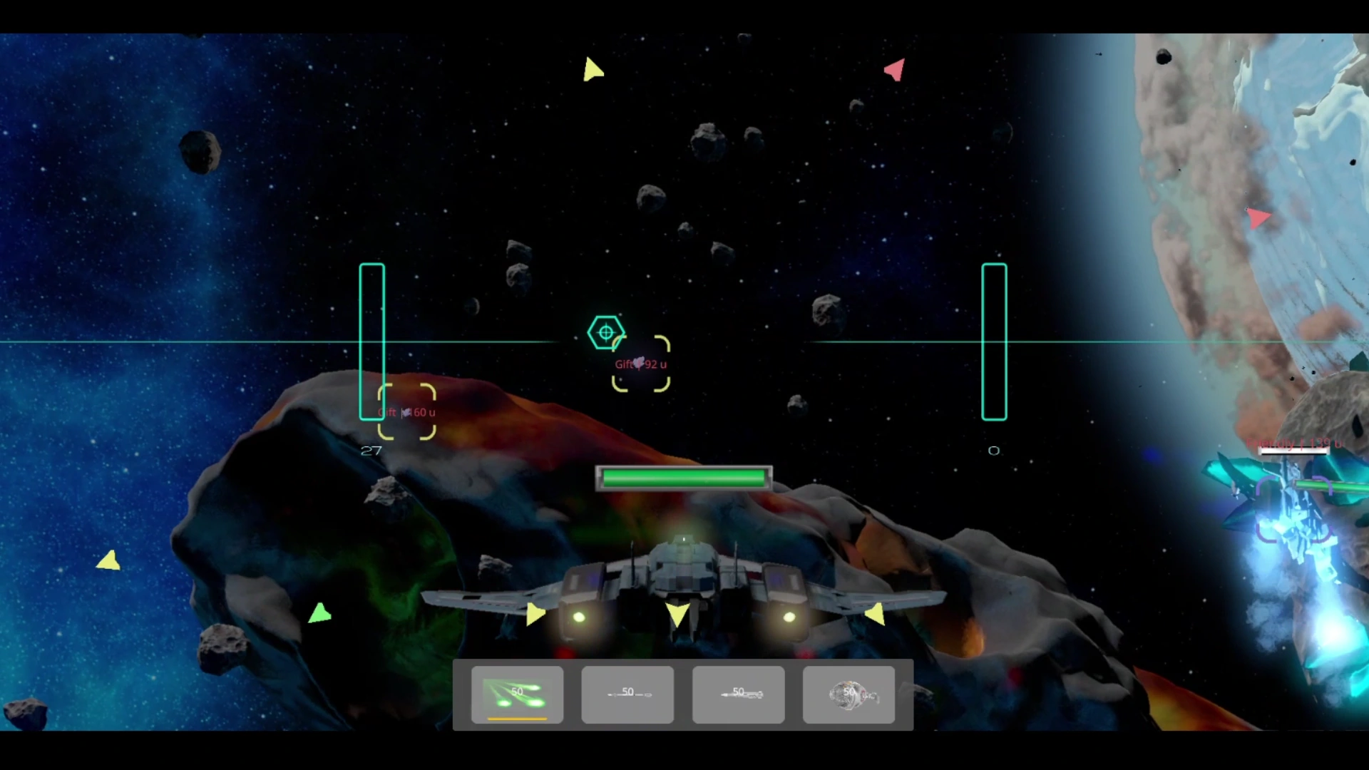A spacecraft navigates between dark asteroids.