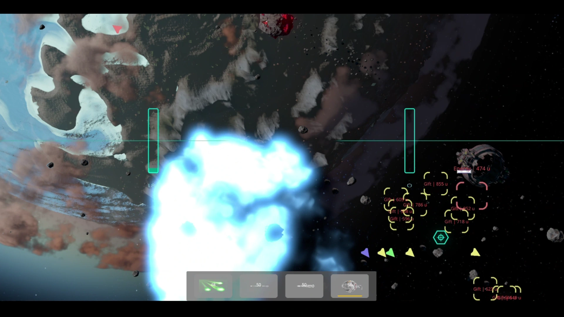 A bright energy explosion breaking across an asteroid battlefield.