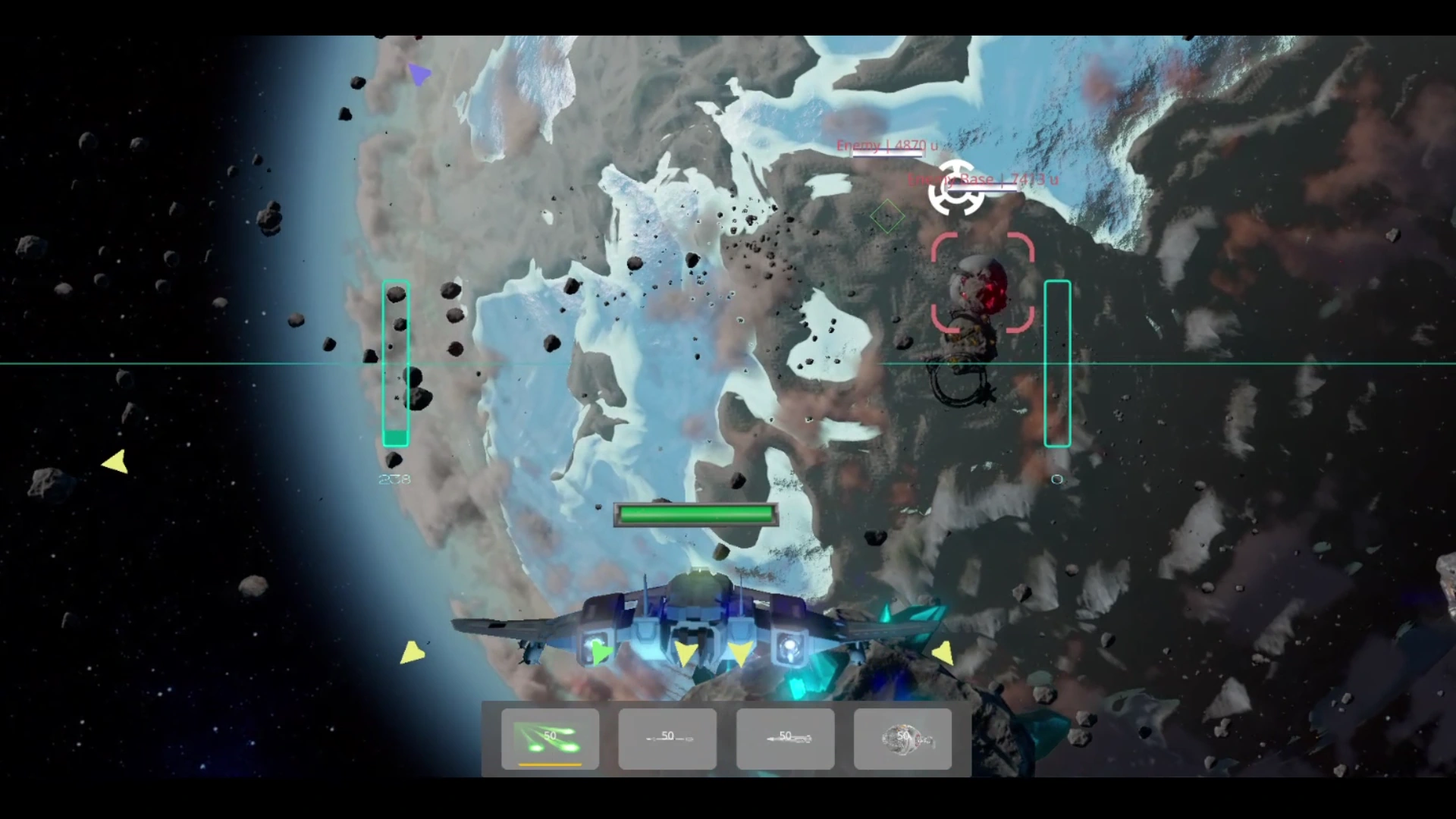 Asteroid debris drifting across an ice-world battlefield.